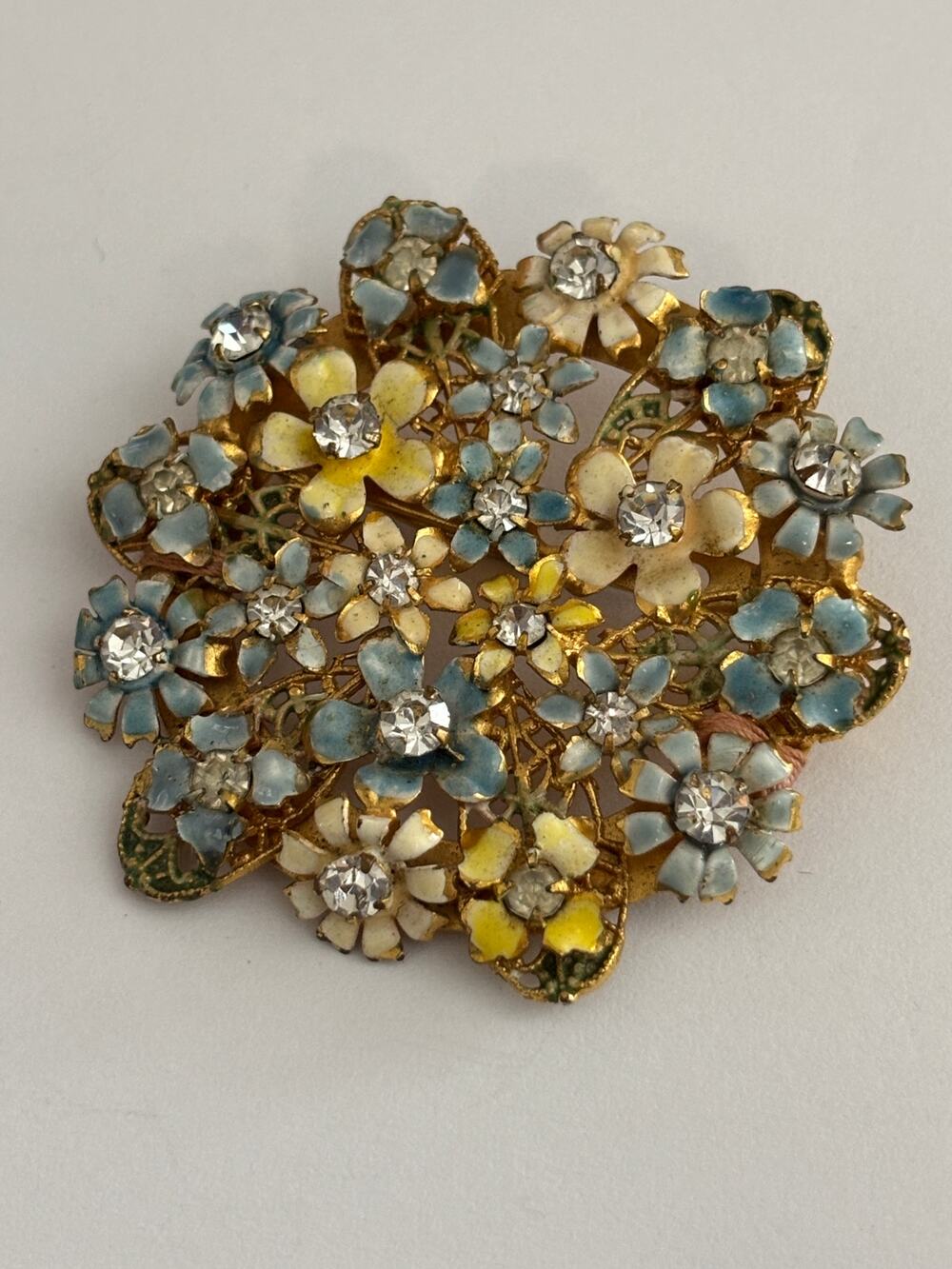 Vintage Sandor Brooch Enamel & Rhinestones Signed Gold Tone Floral Rare